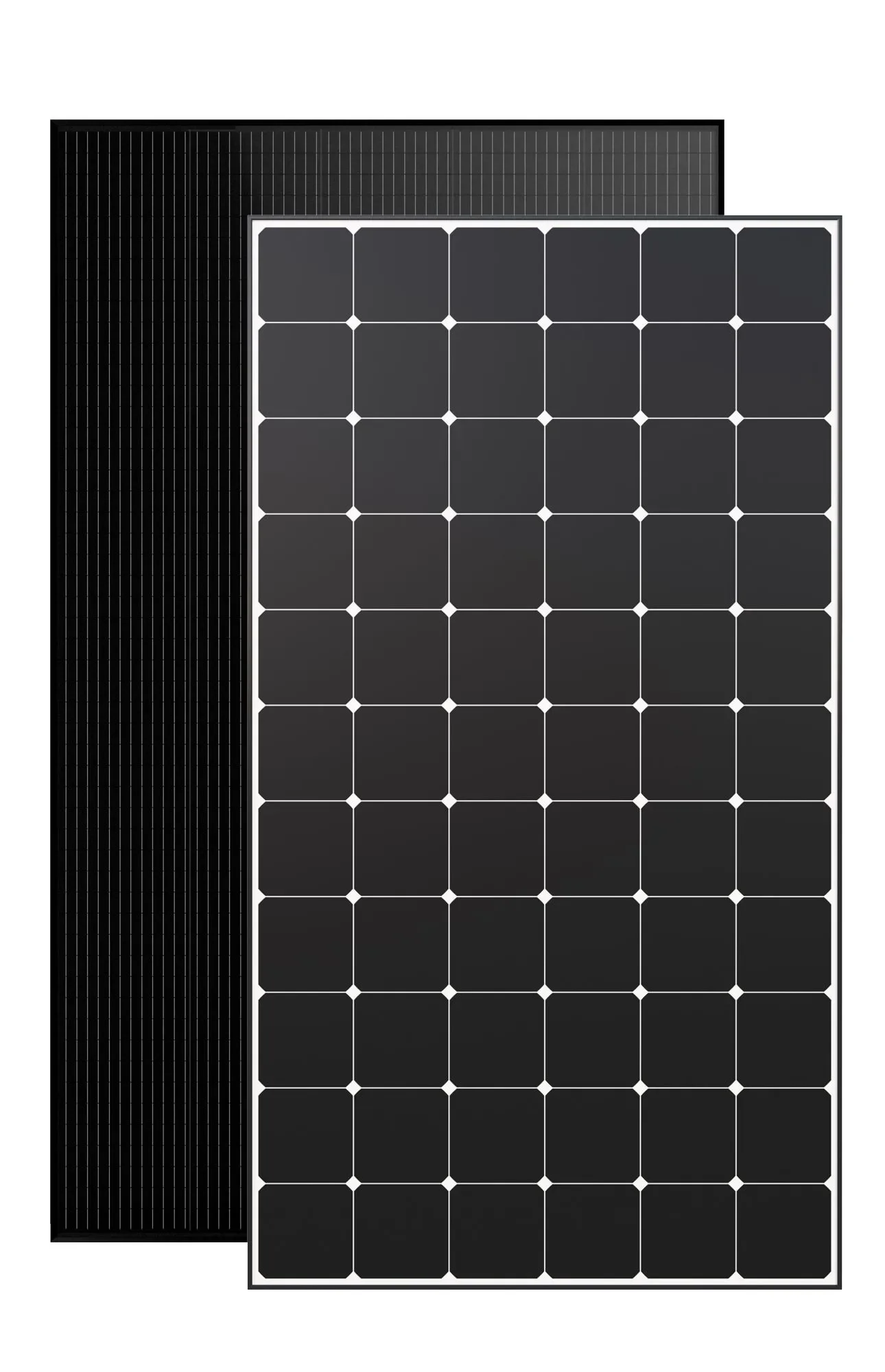 Close-up of a full-black monocrystalline solar panel with 60 cells in a 6x10 grid, featuring dark cells, white grid lines, and a sleek black frame against a white background.