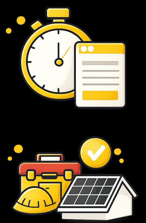Illustration of a stopwatch and form above a toolbox, hard hat, and solar panel with a checkmark.