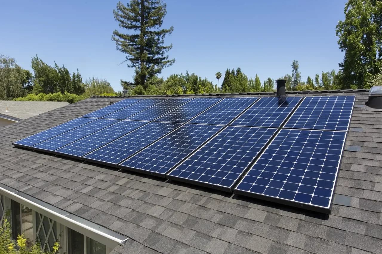 Array of glossy blue SunPower Maxeon 3 solar panels installed on a shingled residential rooftop under a clear blue sky with trees in the background.