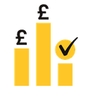 Bar chart displaying three yellow vertical bars of varying heights, with a yellow checkmark inside a circle next to the third bar.