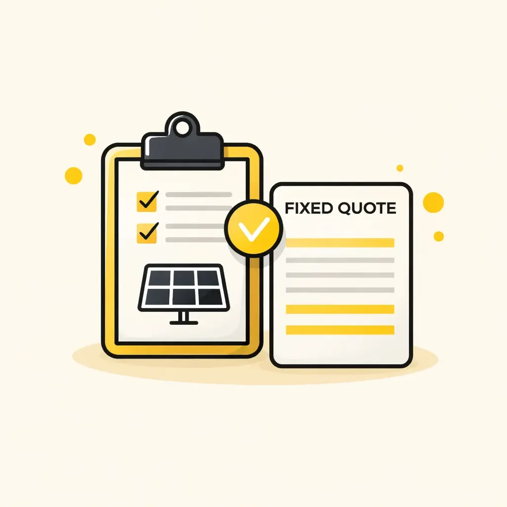 Step 1 infographic showing a fixed solar quote on a clipboard and document, labelled “01 Quote today.”