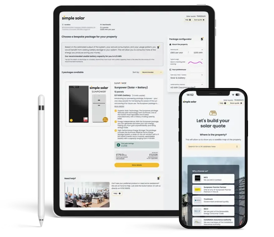 Simple Solar quote builder shown on an iPad and iPhone