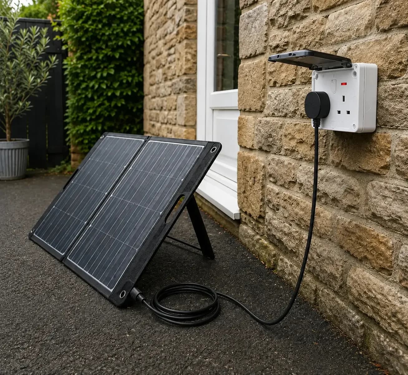 UK plug-in solar system connected through a fixed wall socket.