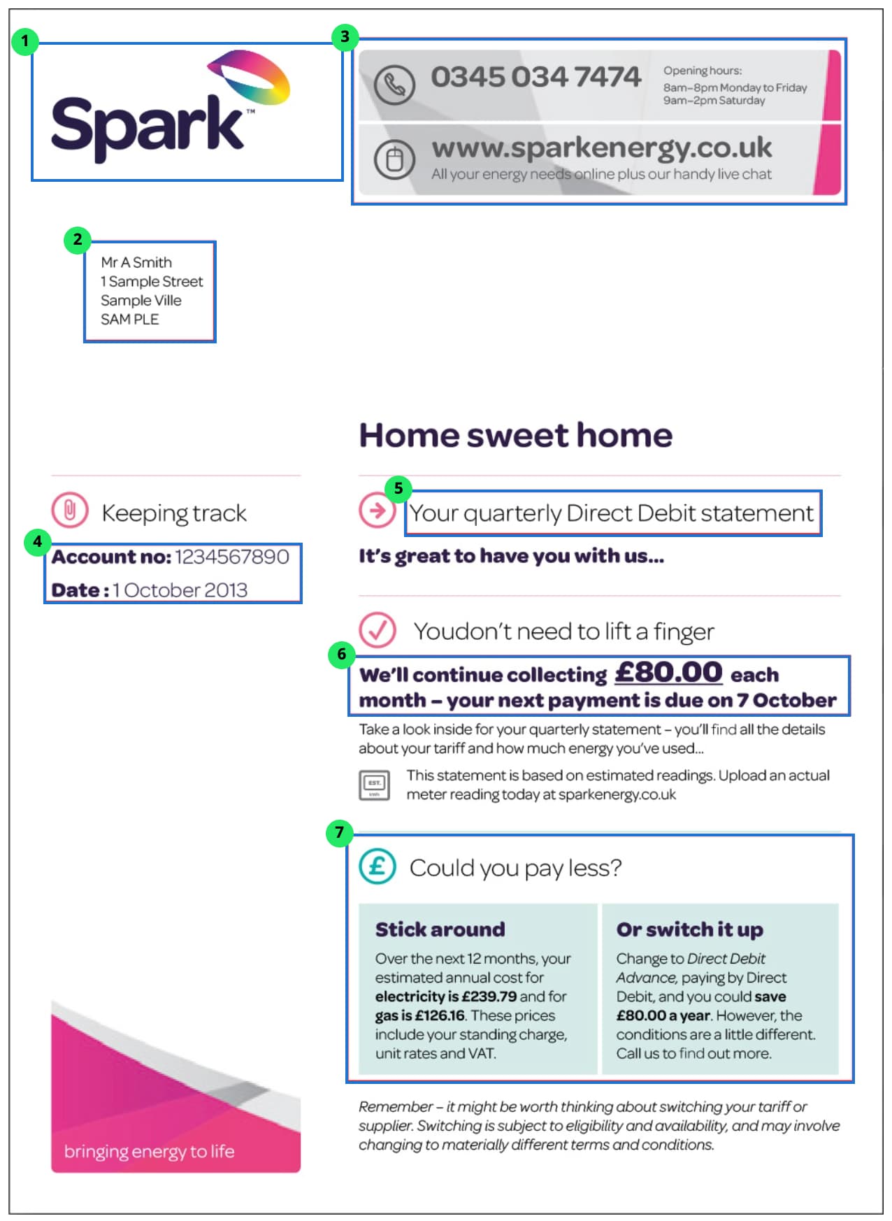 Example energy bill highlighting key details like account number, statement date, and monthly direct debit amount.