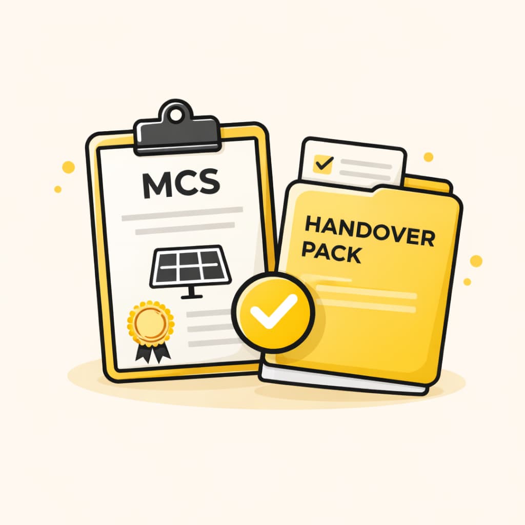 MCS certificate and handover pack folder with a tick