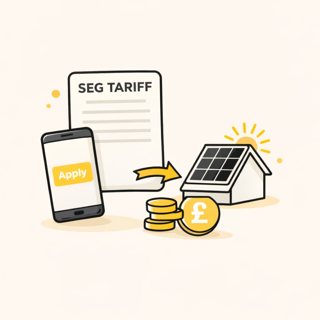 SEG tariff document and phone “Apply” screen, with coins and a solar home, labelled “05 — SEG tariff.”