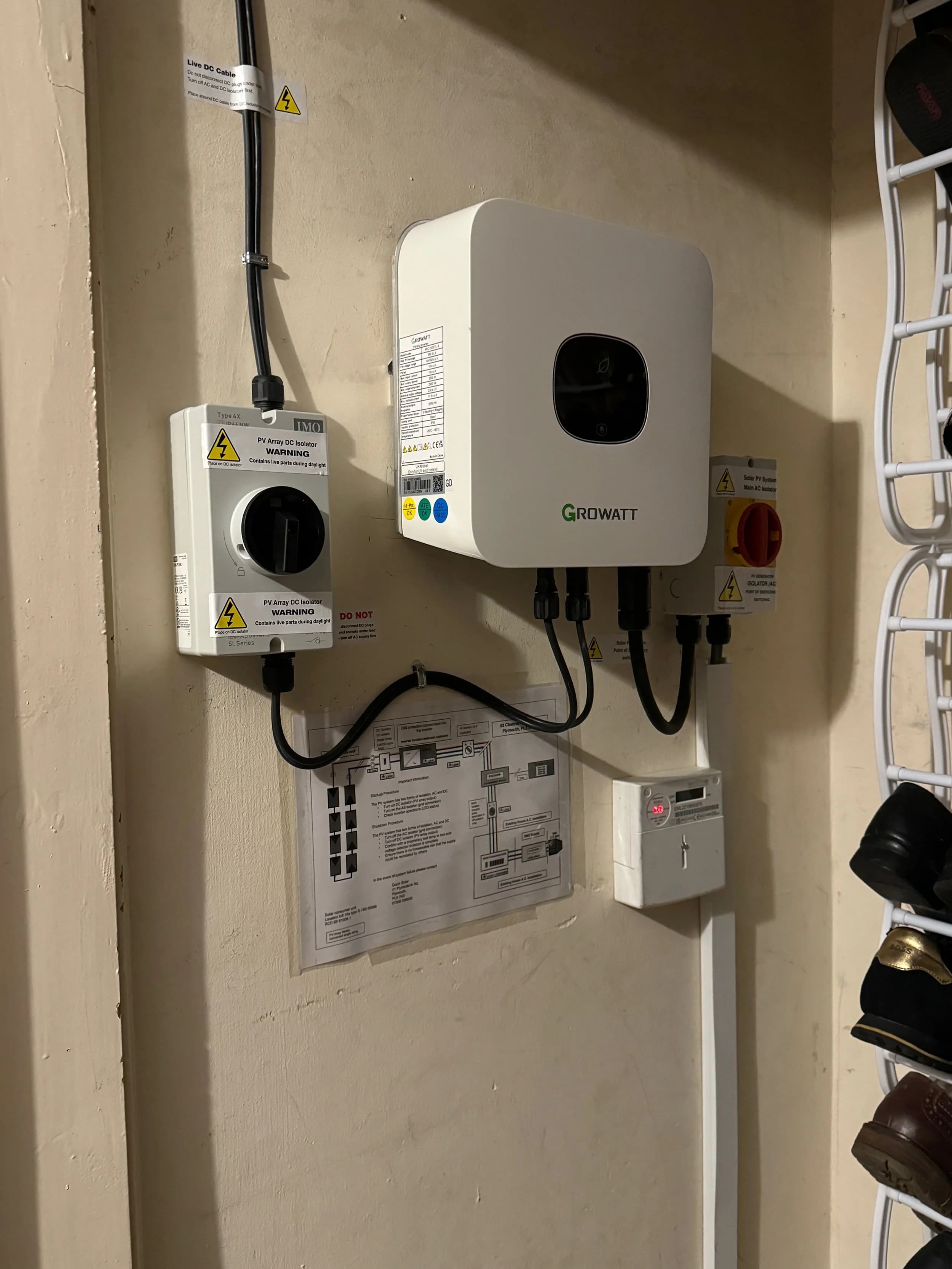 A FoxESS inverter and meter wall-mounted inside the Channel Park home