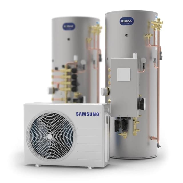 A photo showing two Joule Kodiak pre-plumbed cylinders, together with a Samsung heat pump.