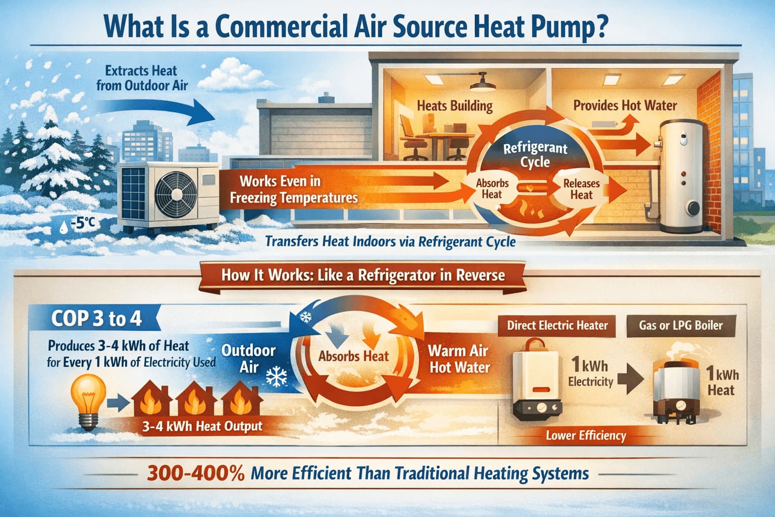 An infographic showing what a commercial heat pump is, how it works, and how efficient it is.