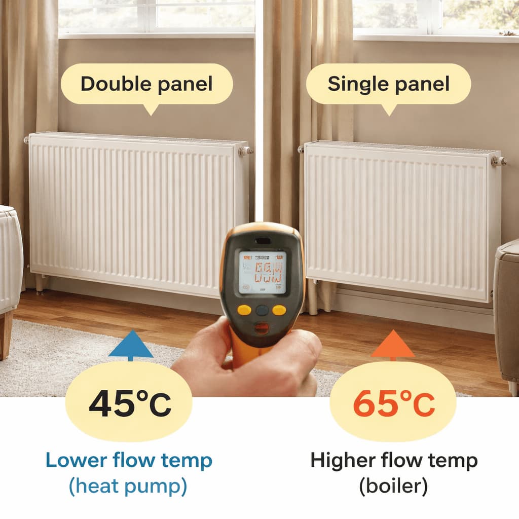 An infographic comparing radiator sizing for heat pumps and boilers. It shows that lower flow temperatures (about 45°C) often need larger double panel radiators, while higher boiler flow temperatures (about 70°C) can use smaller single panel radiators.