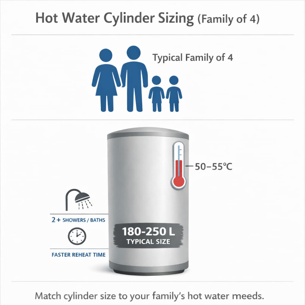Hot water cylinder sizing infographic for UK homes showing recommended cylinder volume by household size and typical shower or bath demand.