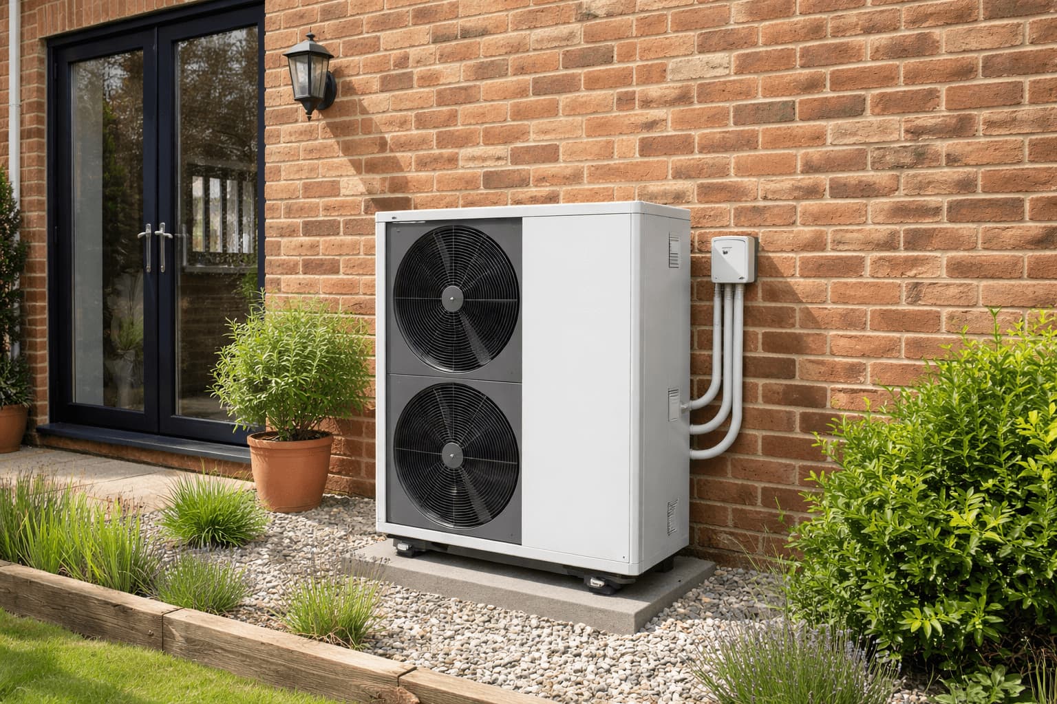 Modern air source heat pump outdoor unit mounted on a UK brick house wall in daylight, clean installation with garden landscaping.