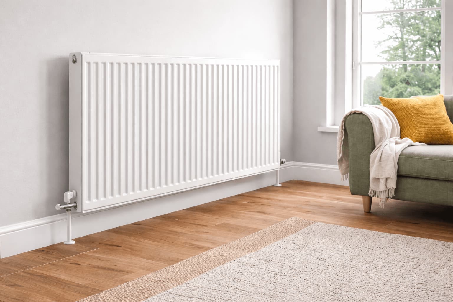 A modern living room with a larger radiator installed under a window, illustrating an emitter upgrade for low temperature heating.