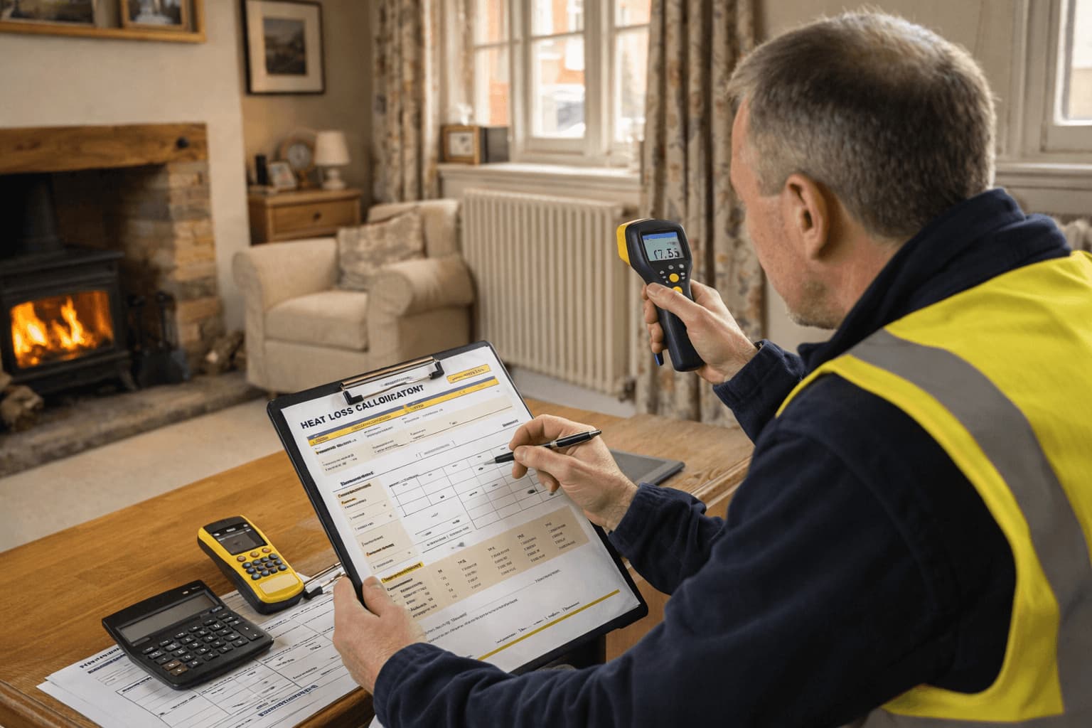 Engineer carrying out a room by room heat loss assessment inside a UK home.