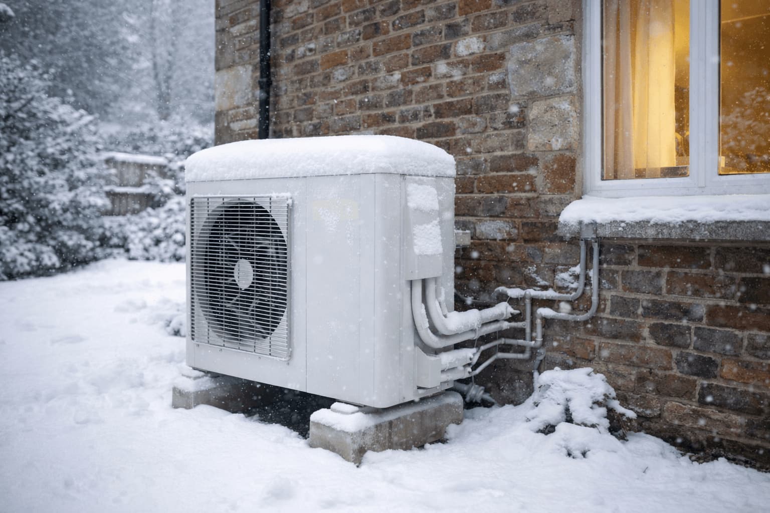 Outdoor air source heat pump unit running in winter conditions.