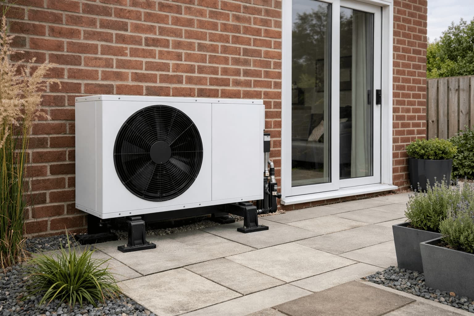 Air source heat pump outdoor unit installed on a UK home exterior in daylight, neat professional installation on an outside wall.