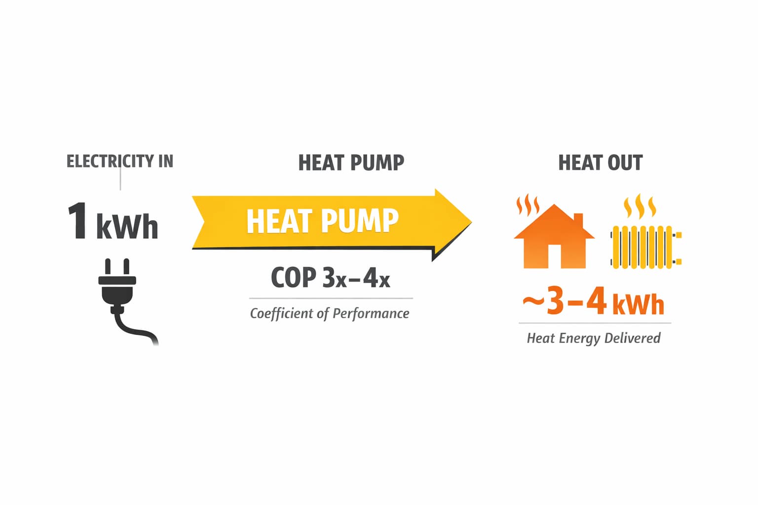 Heat pump efficiency illustration showing that 1 kWh of electricity can produce roughly 3 to 4 kWh of heat output in good conditions.