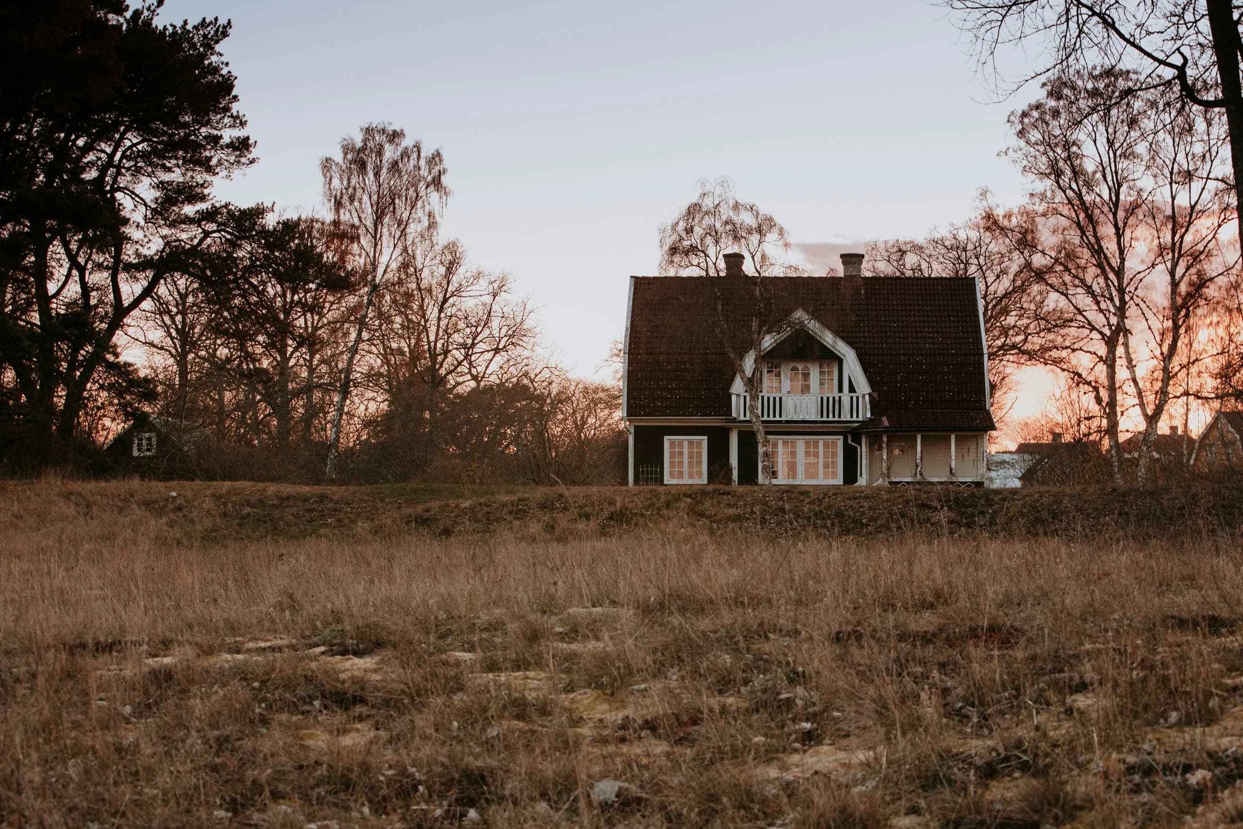 Detached house in a rural setting at sunset, surrounded by bare trees and long grass.