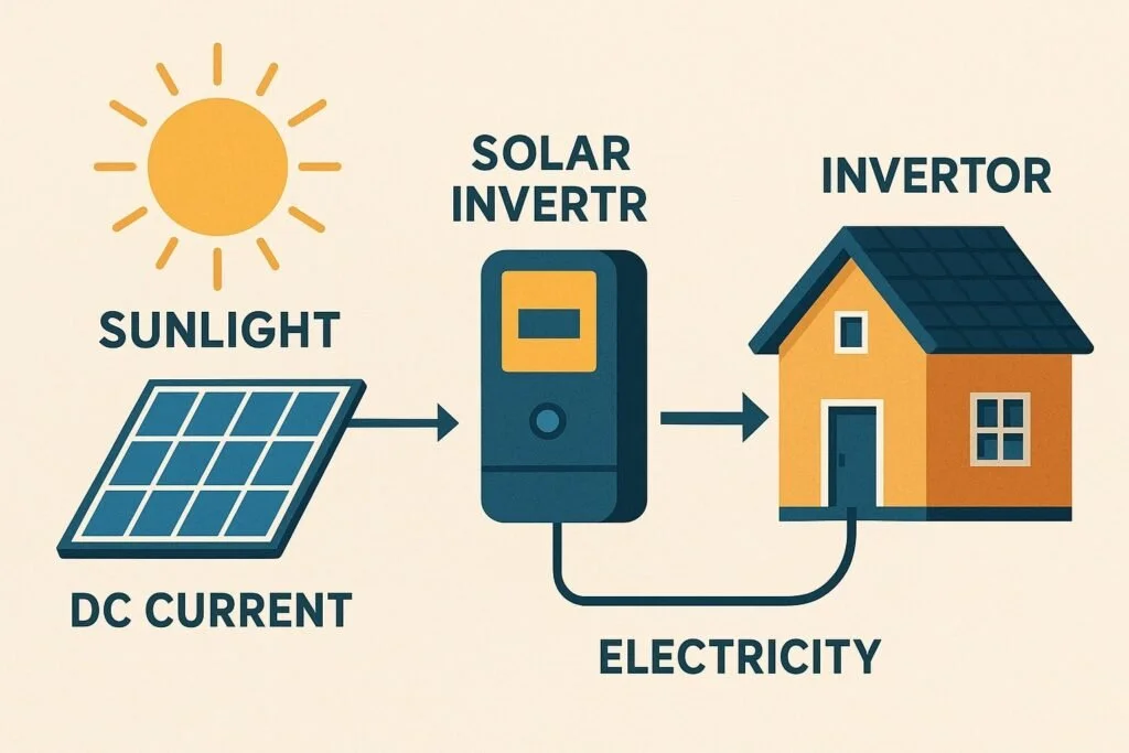 Diagram showing sunlight generating DC power in solar panels, converted by a solar inverter into electricity for a home.