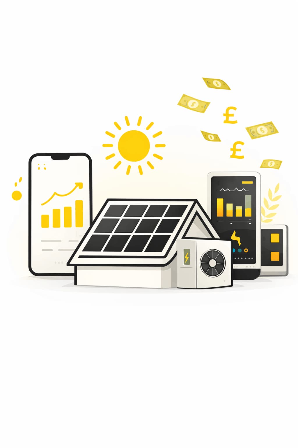 Portrait illustration of a solar-powered home with battery storage, heat pump, smart energy monitor and mobile app, with floating pound symbols to represent government Support and Money-Saving Incentives for home electrification.