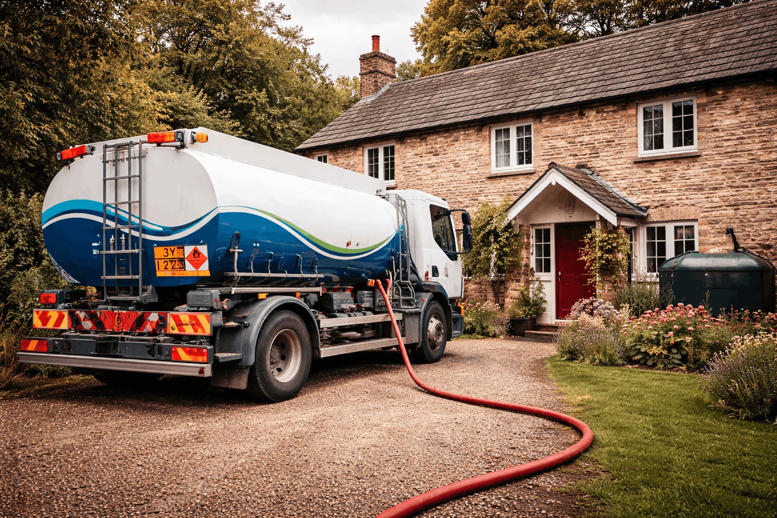 Heating oil delivery truck parked outside a rural stone cottage with a hose connected to the home’s oil tank, representing household dependence on heating oil and exposure to fuel price shocks.
