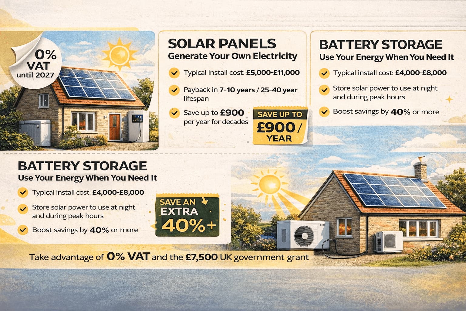 Infographic showing long-term home energy savings from solar panels, battery storage, and air source heat pumps, including installation costs, annual savings, 0% VAT, and the £7,500 Boiler Upgrade Scheme grant.