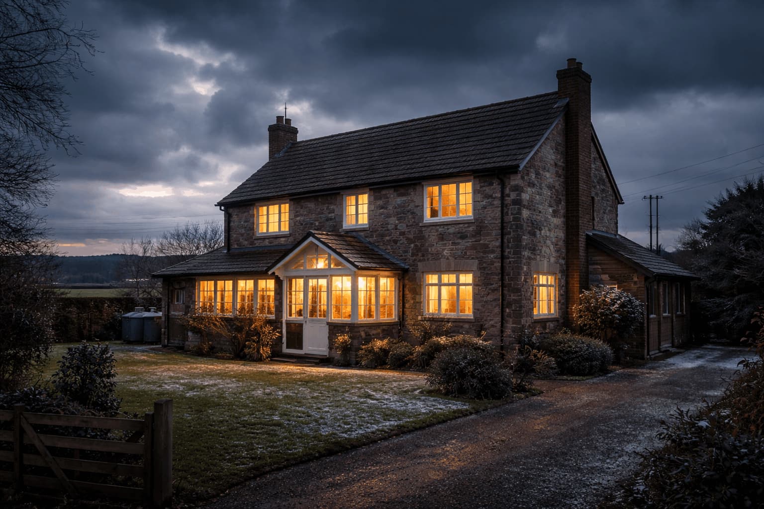 Stone house at dusk on a winter evening, with frost on the lawn and the lights on inside