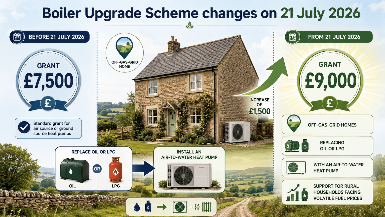 Infographic showing the Boiler Upgrade Scheme grant rising from £7,500 to £9,000 for off-gas-grid homes replacing oil or LPG with an air-to-water heat pump from 21 July 2026