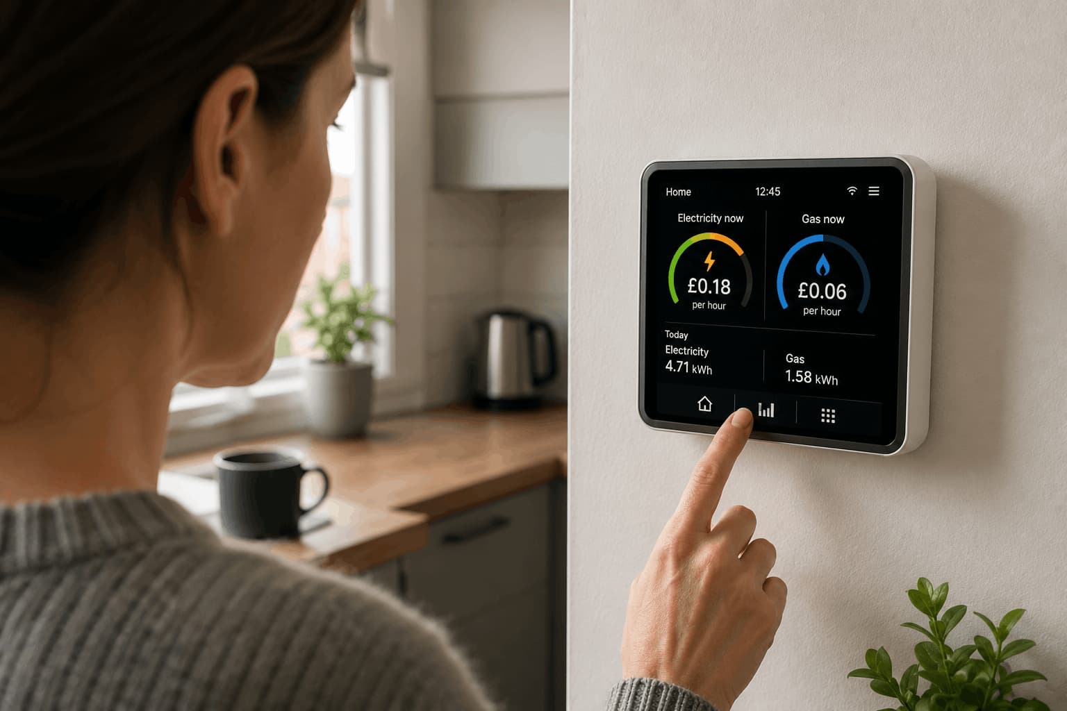 UK household reviewing electricity and gas usage on a smart meter display