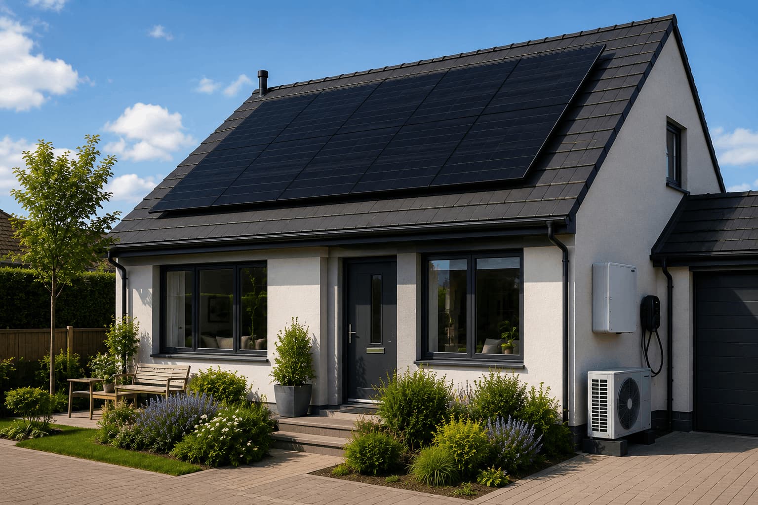 Solar panels installed on a UK home, helping supply electricity for household use and electric heating.