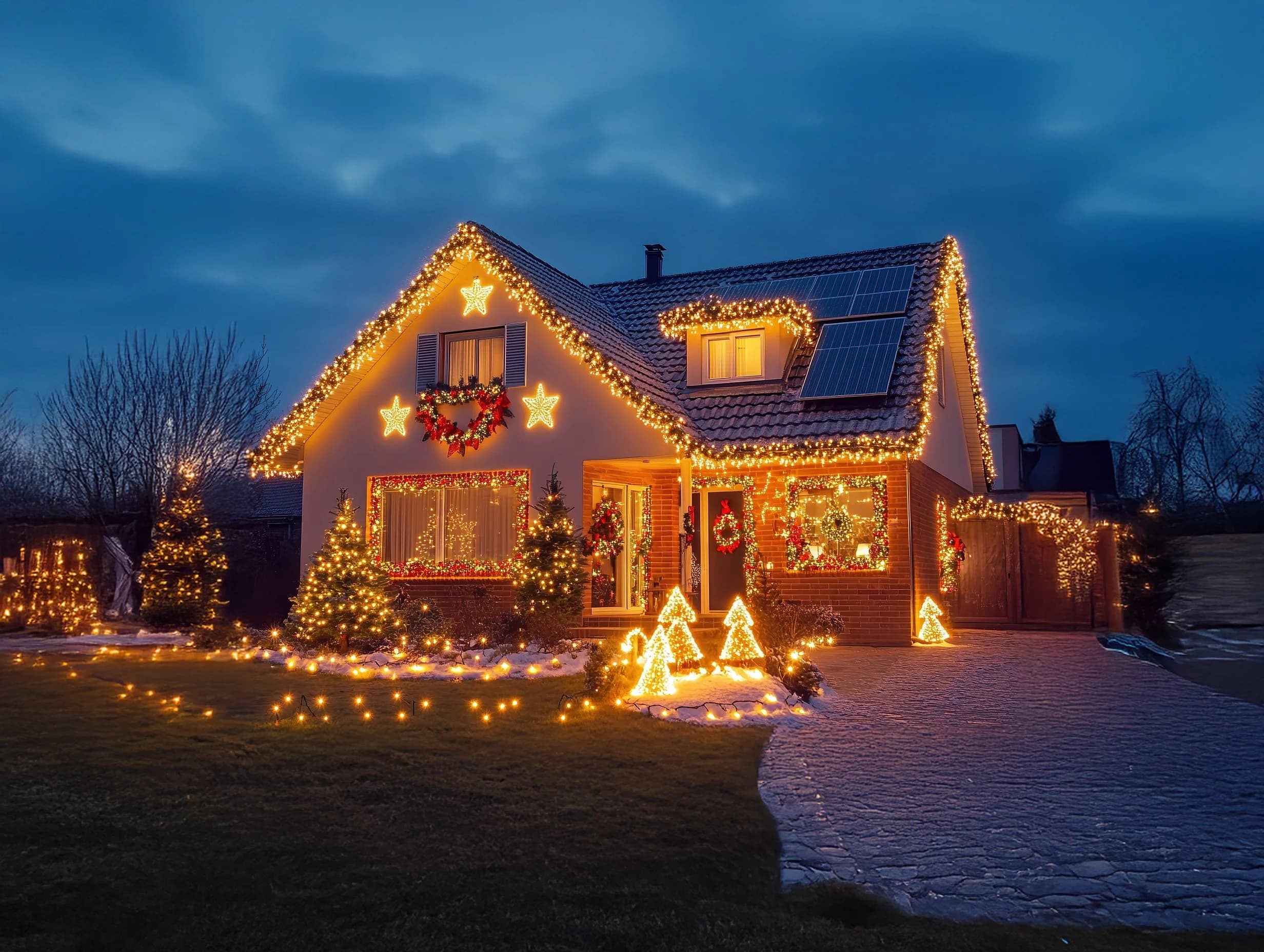 Modern house with rooftop solar panels extensively decorated with warm white Christmas lights, wreaths, illuminated stars, and outdoor holiday trees on a snowy winter evening.