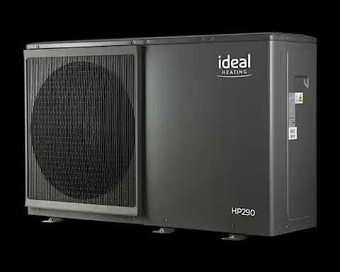 Outdoor commercial HVAC heat pump unit labeled 'Ideal Heating HP290'