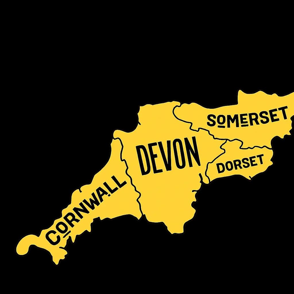 Map showing Simple Solar heat pump installation coverage across the South West including Devon, Cornwall, Somerset, and Dorset.