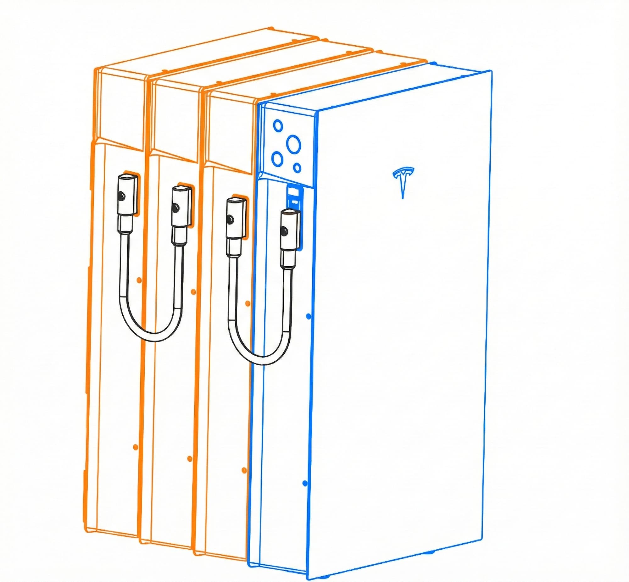 An official Tesla Energy image of a Powerwall 3 and three expansion packs, installed in a stacked configuration.