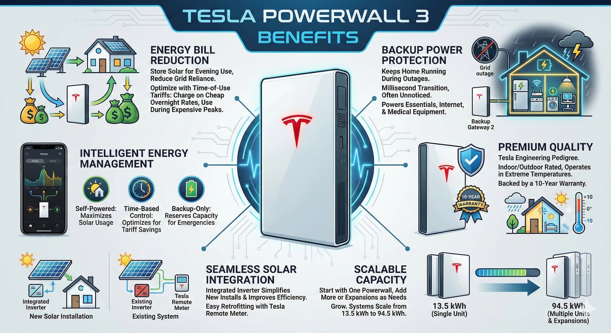 An infographic showing a comprehensive list of the benefits of a Tesla Powerwall installation.