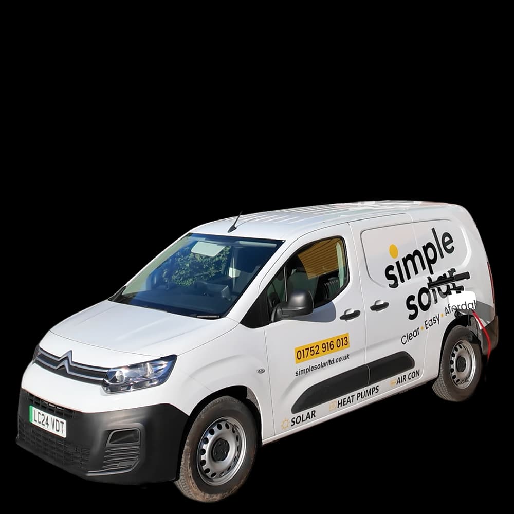 White delivery van with 'Simple Solar' logo and contact information on the side, parked on a black background.