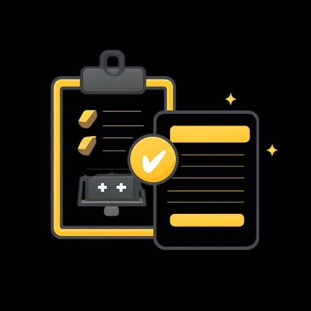 Illustration of a checklist with a battery icon and a tick, showing approval or confirmation.