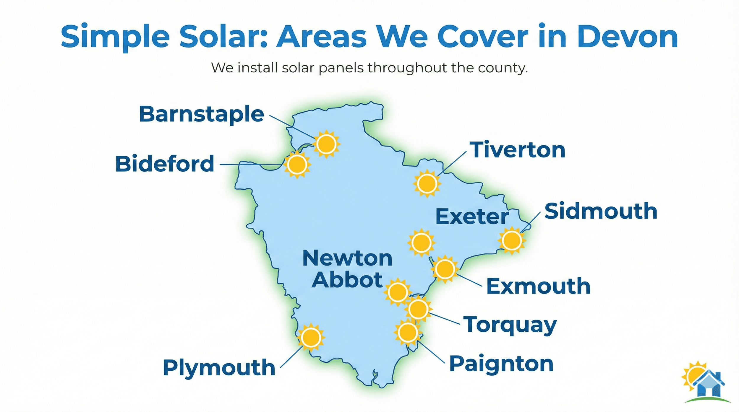 Infographic map showing Simple Solar install solar panel areas in all the towns and cities in Devon, including Plymouth, Exeter, Torquay, Paignton, Newton Abbot, Barnstaple, Exmouth, Tiverton, Bideford, and Sidmouth.