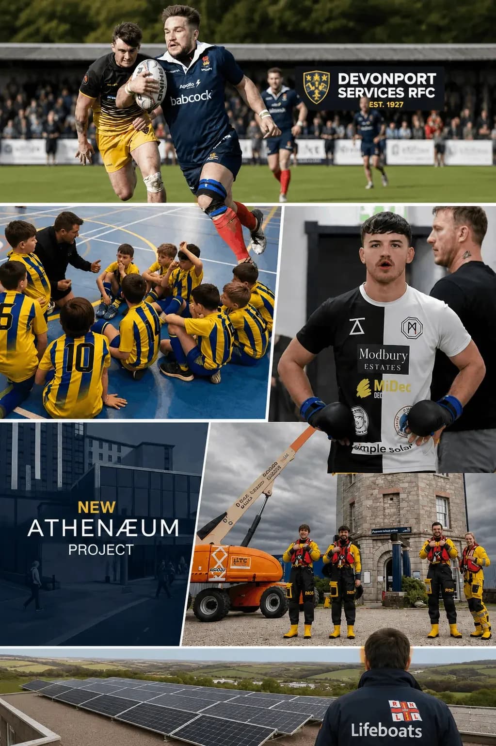 Collage featuring Devonport Services RFC, youth football, MMA sponsorship, the Plymouth Athenaeum project and RNLI community support by Simple Solar.