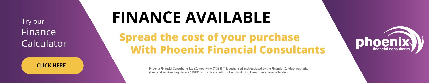 An advertisement for Phoenix Financial Consultants promoting financing options and a finance calculator, with a call-to-action button labeled 'Click Here'.